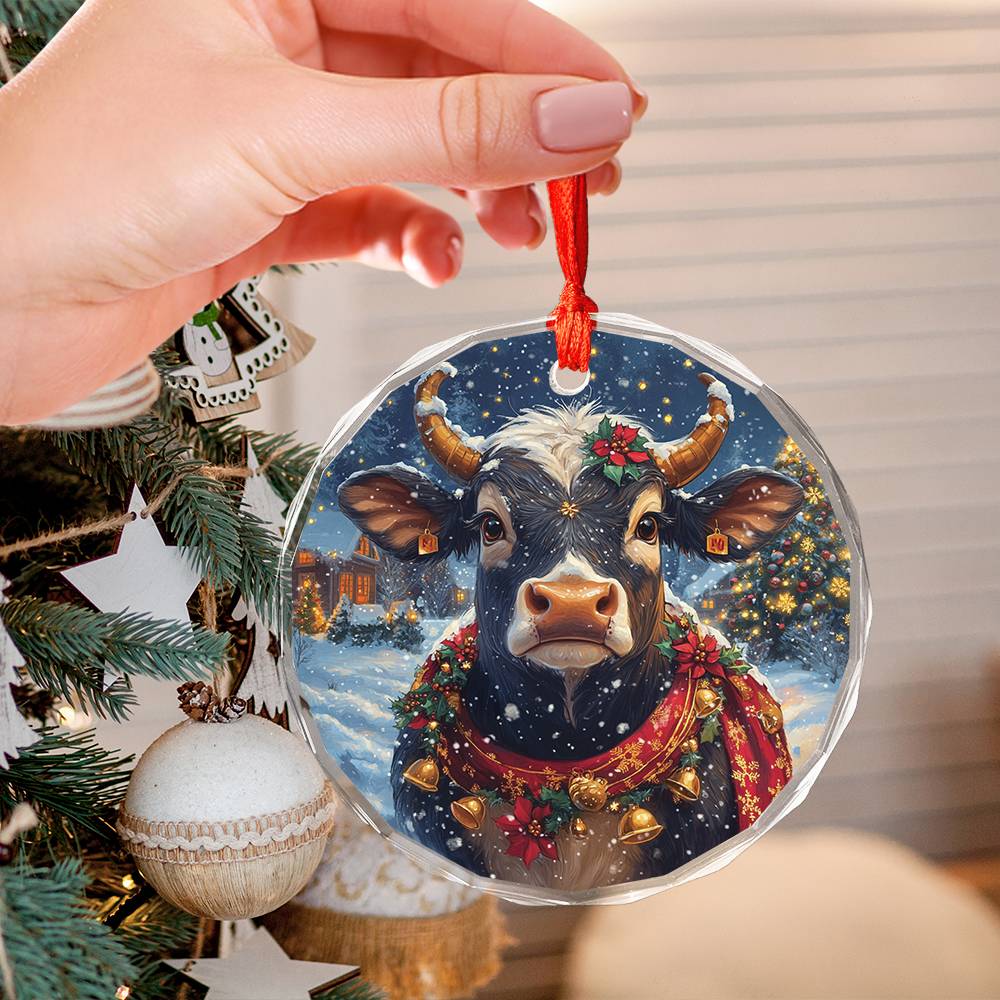 Beautiful Bull Christmas Night Design 1 Glass Ornament