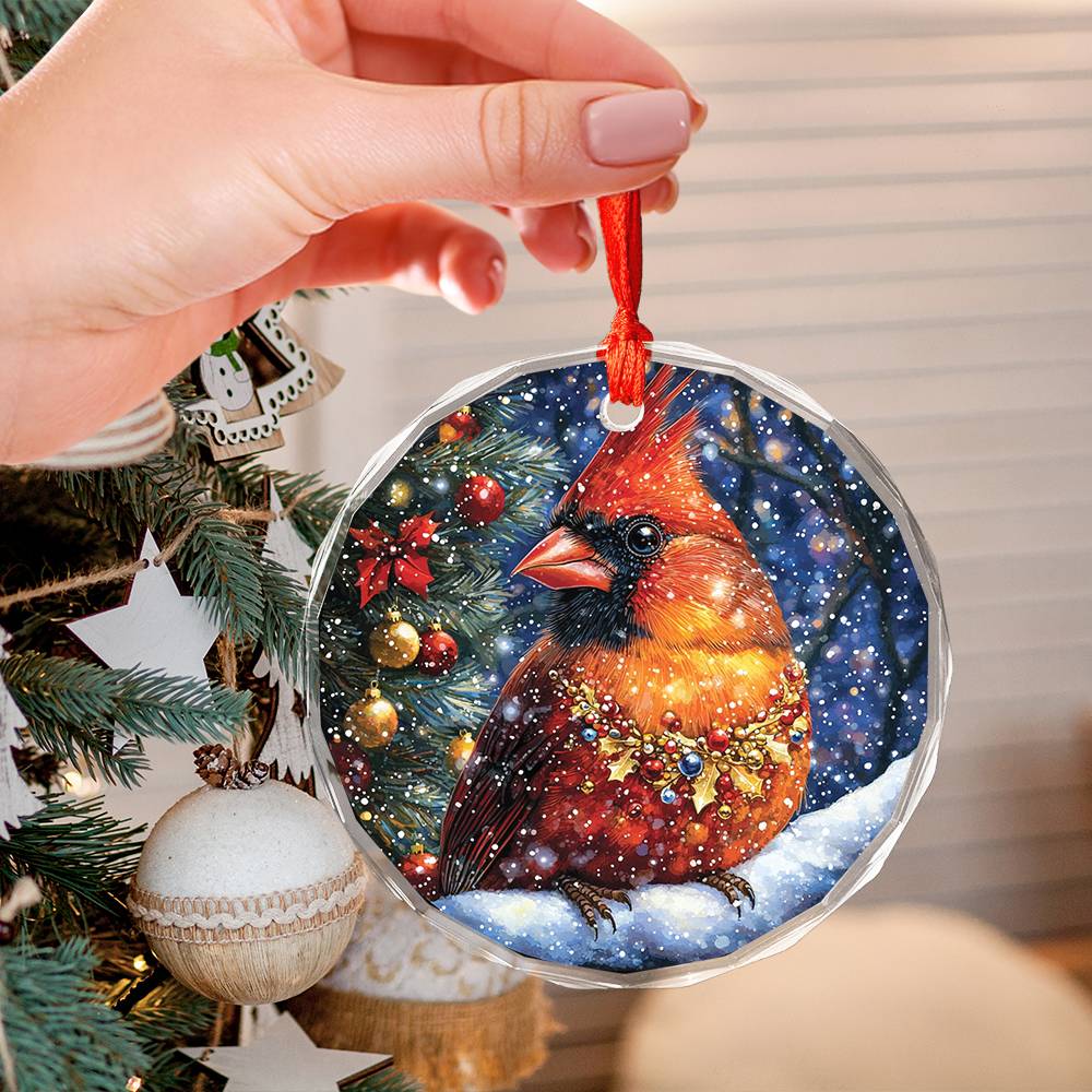 Beautiful Cardinal Christmas Night Design 3 Glass Ornament