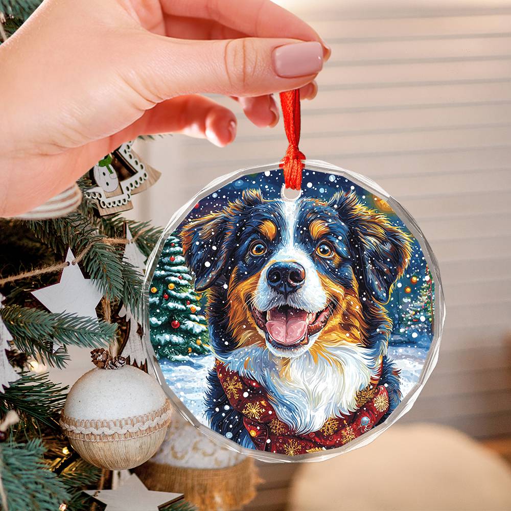 Beautiful Angus Australian Shepherd Dog Christmas Night Design 2 Glass Ornament