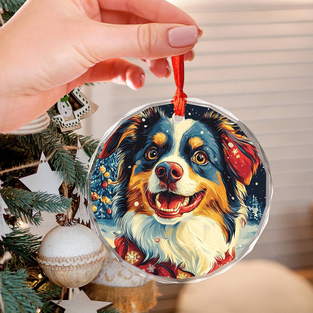 Beautiful Angus Australian Shepherd Dog Christmas Night Design 3 Glass Ornament
