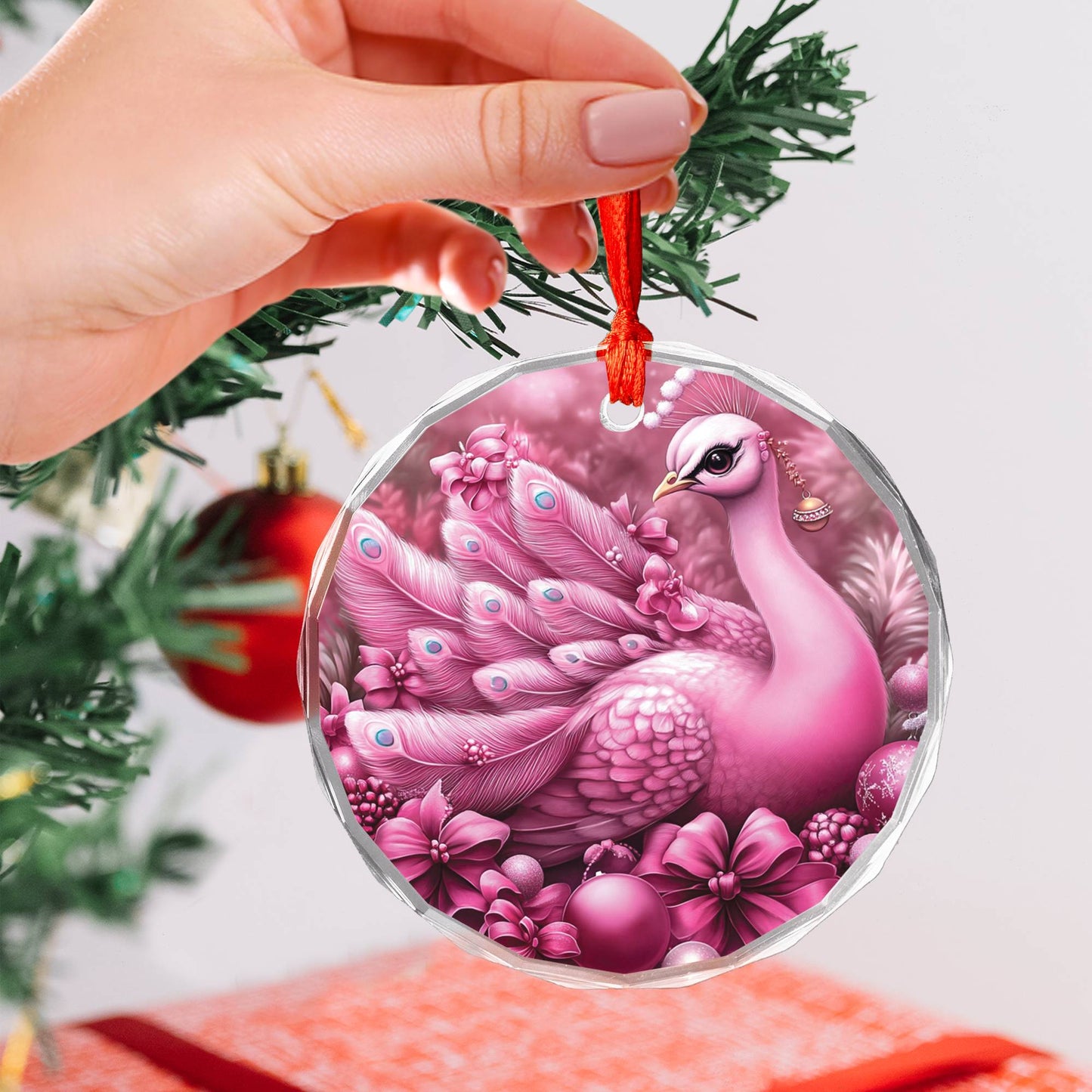 Peacock Pink Christmas Design 2 Glass Ornament