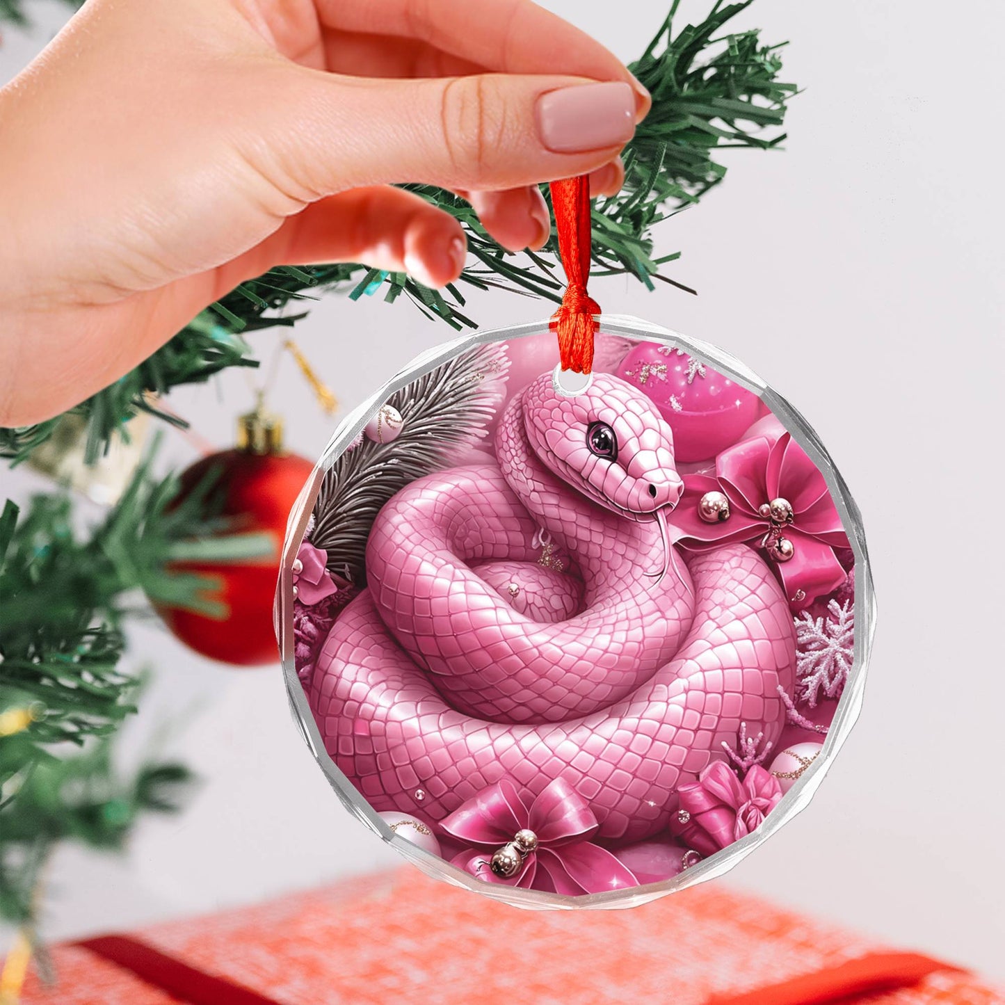 Snake Pink Christmas Design 1 Glass Ornament
