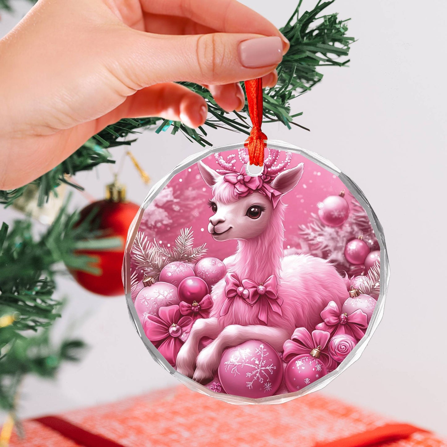 Alpaca Pink Christmas Design 1 Glass Ornament