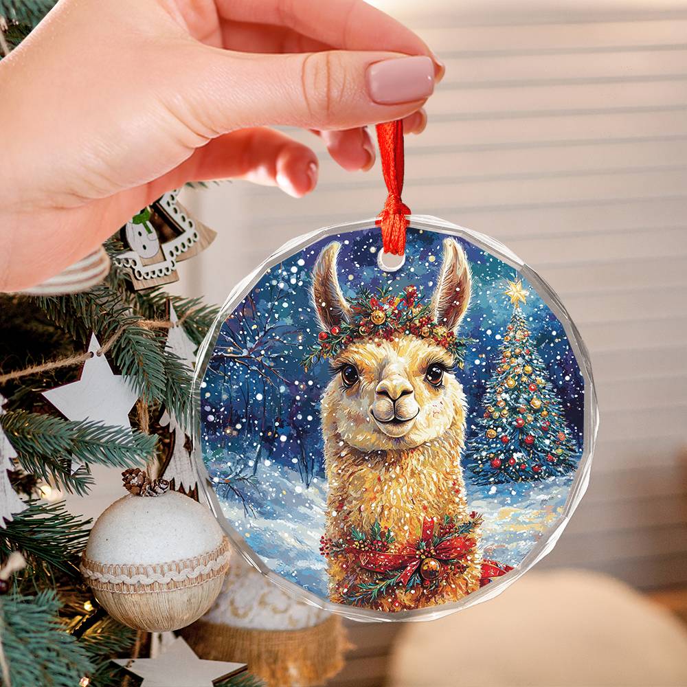 Beautiful Llama Christmas Night Design 2 Glass Ornament