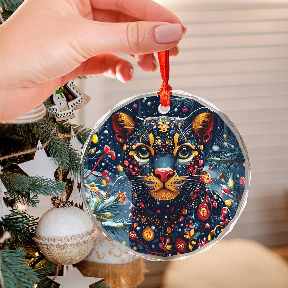 Beautiful Panther Christmas Night Design 2 Glass Ornament