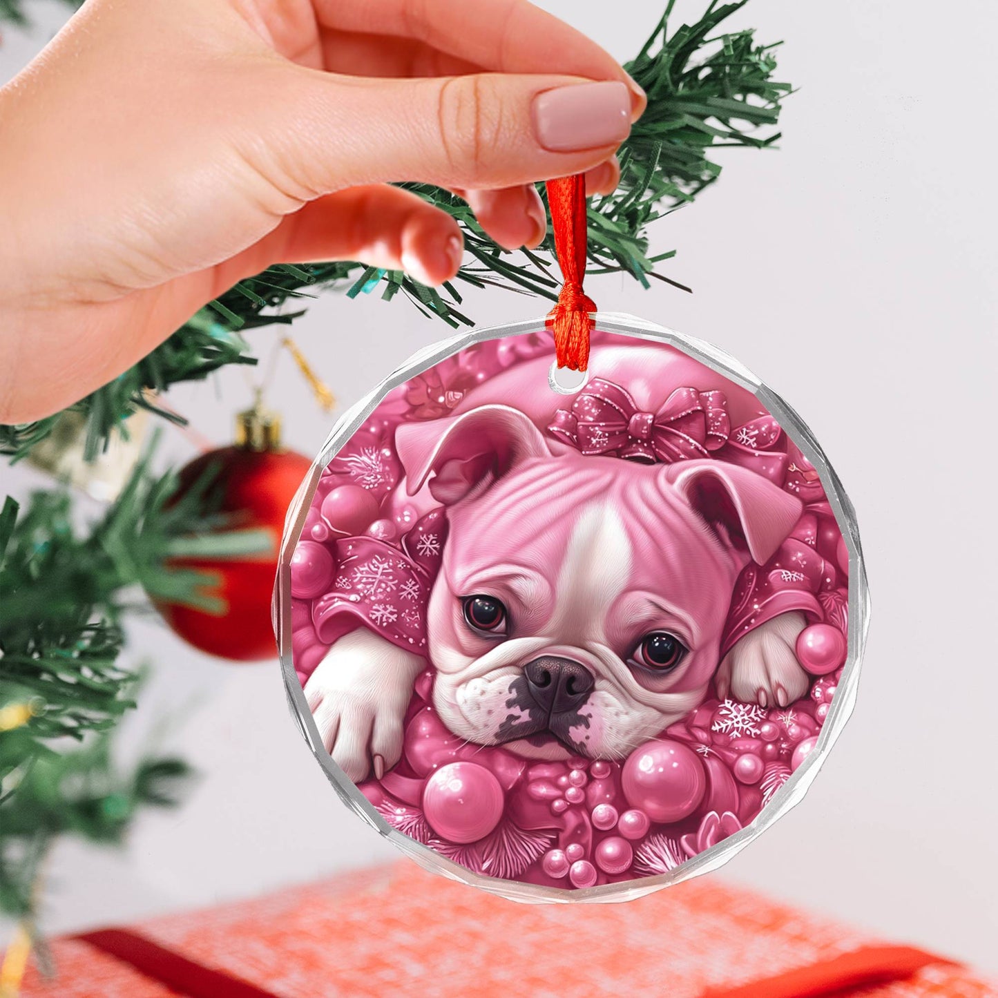 Bulldog Pink Christmas Design 2 Glass Ornament