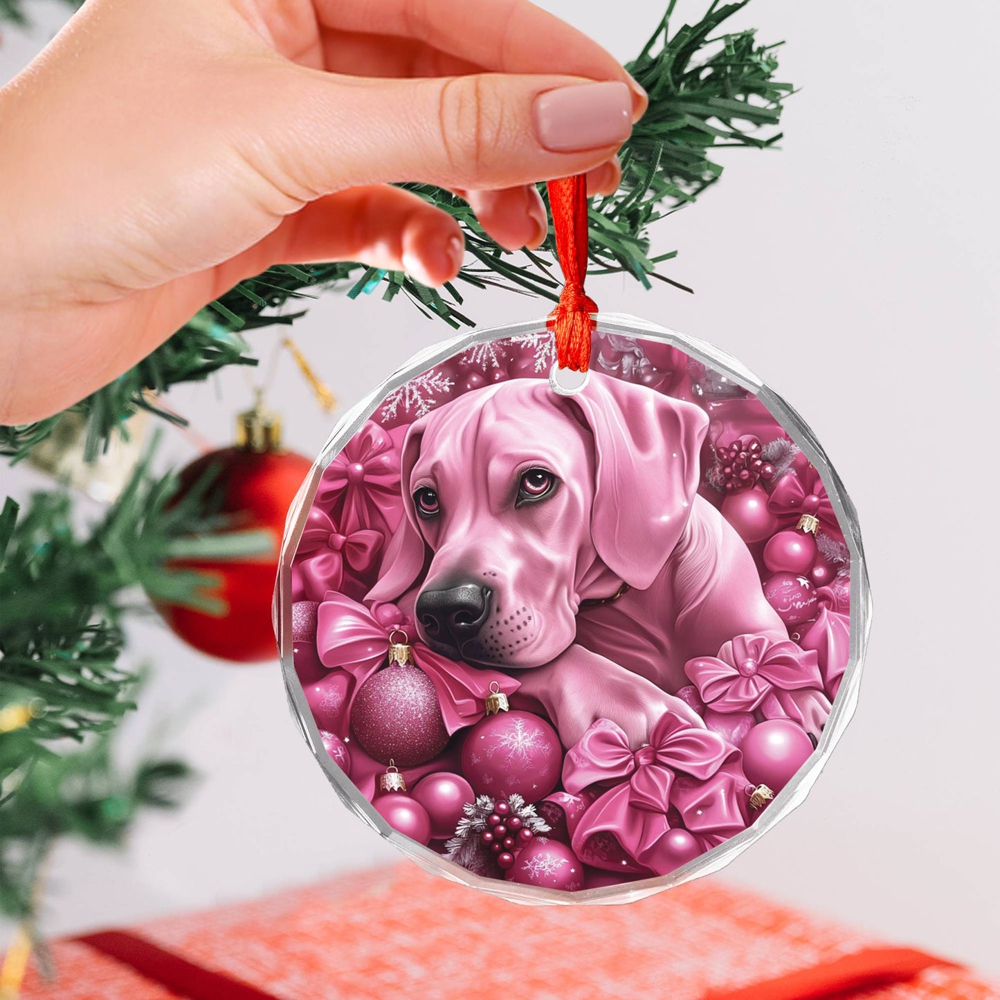 Great Dane Dog Pink Christmas Design 2 Glass Ornament