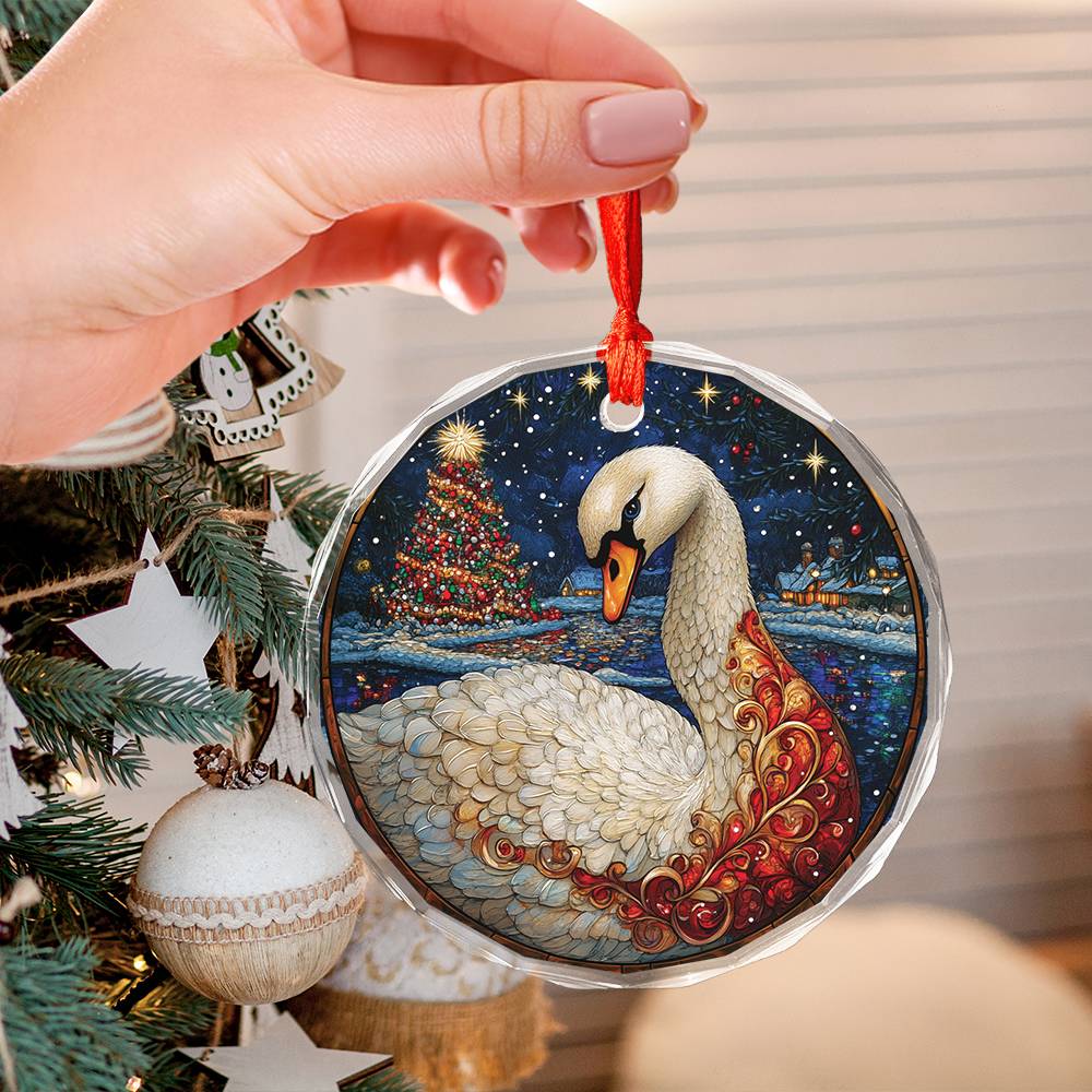 Beautiful Swan Christmas Night Design 2 Glass Ornament