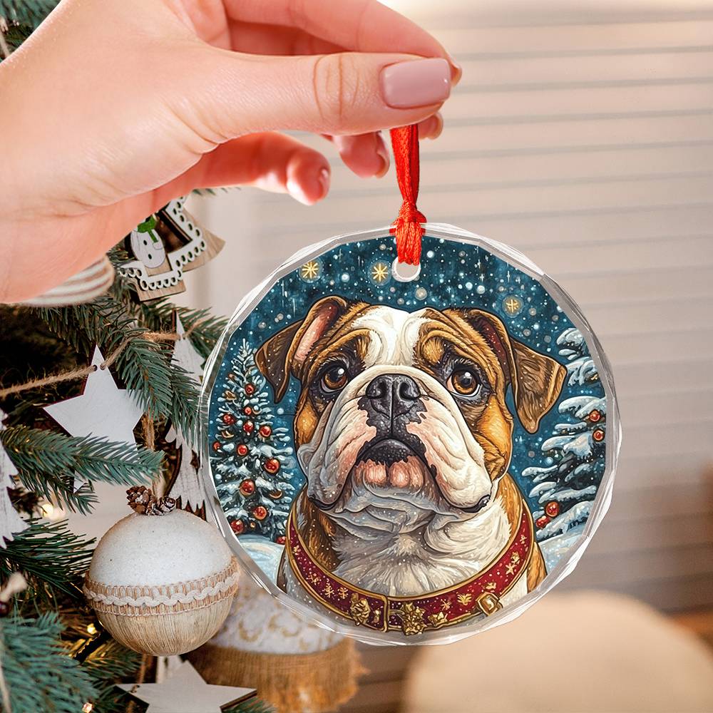 Beautiful Angus Bulldog Dog Christmas Night Design 3 Glass Ornament