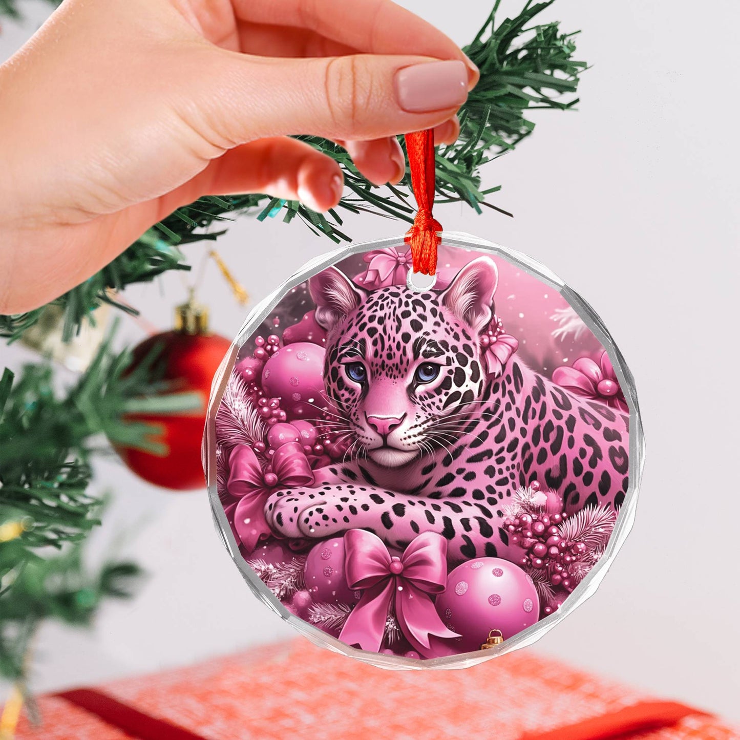 Jaguar Pink Christmas Design 4 Glass Ornament