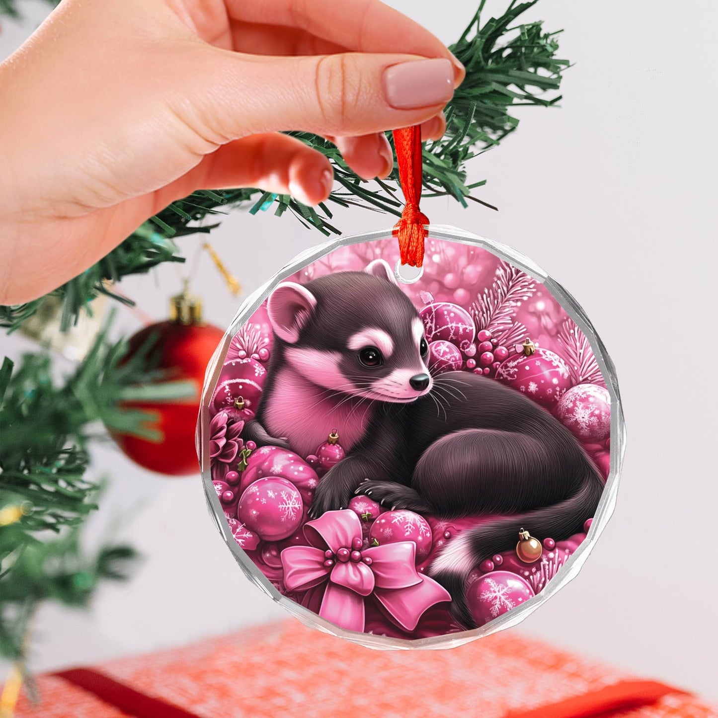 Ferret Pink Christmas Design 1 Glass Ornament
