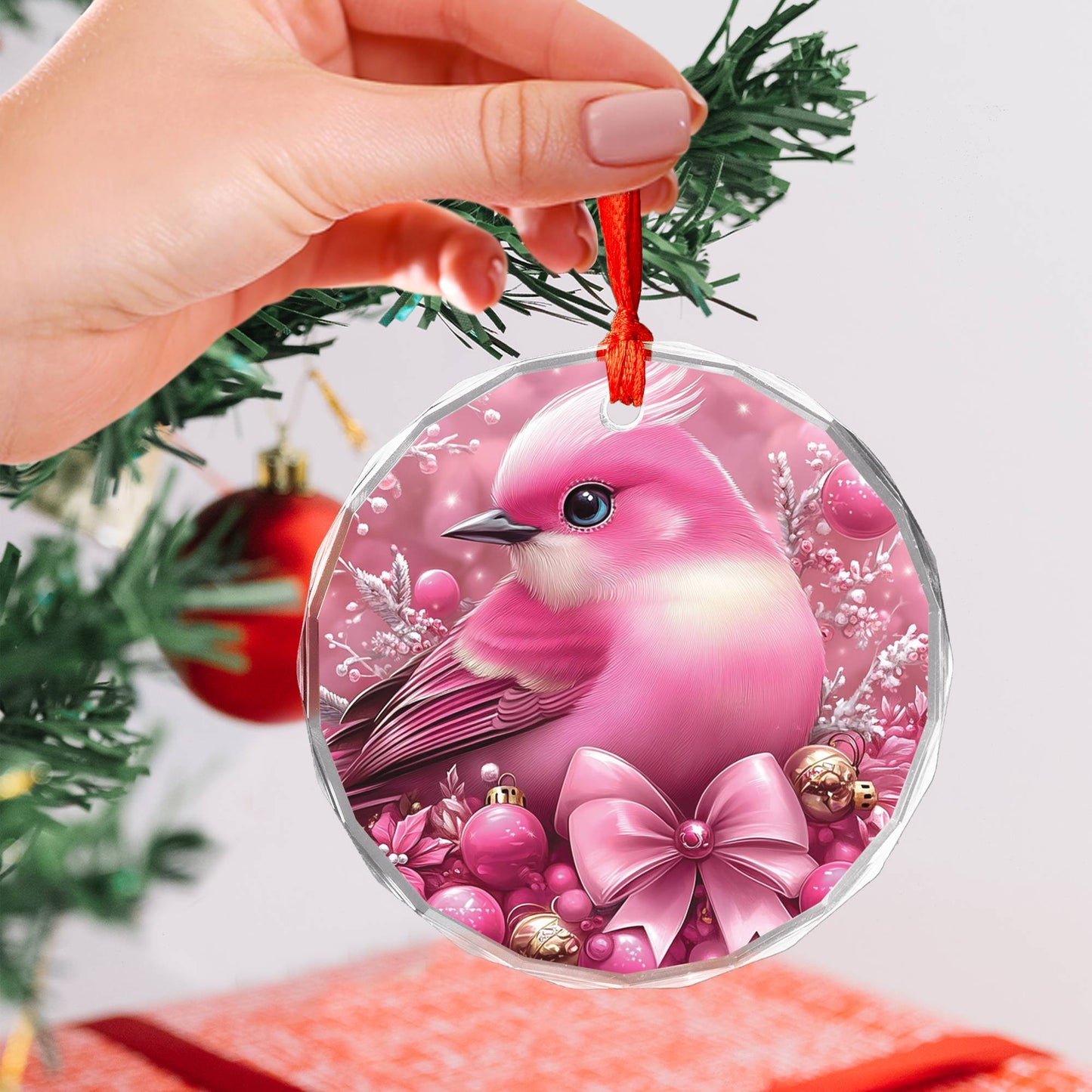 Songbird Pink Christmas Design 2 Glass Ornament