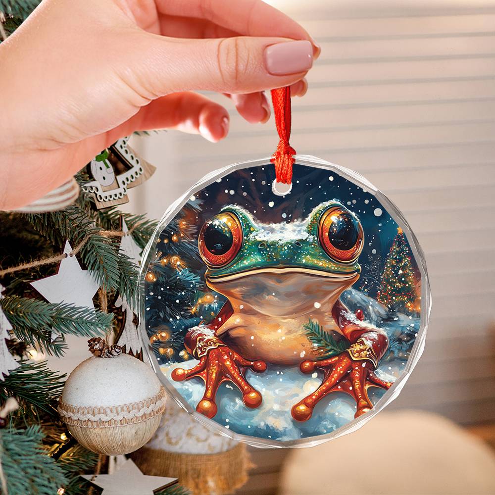Beautiful Angus Frog Christmas Night Design 3 Glass Ornament