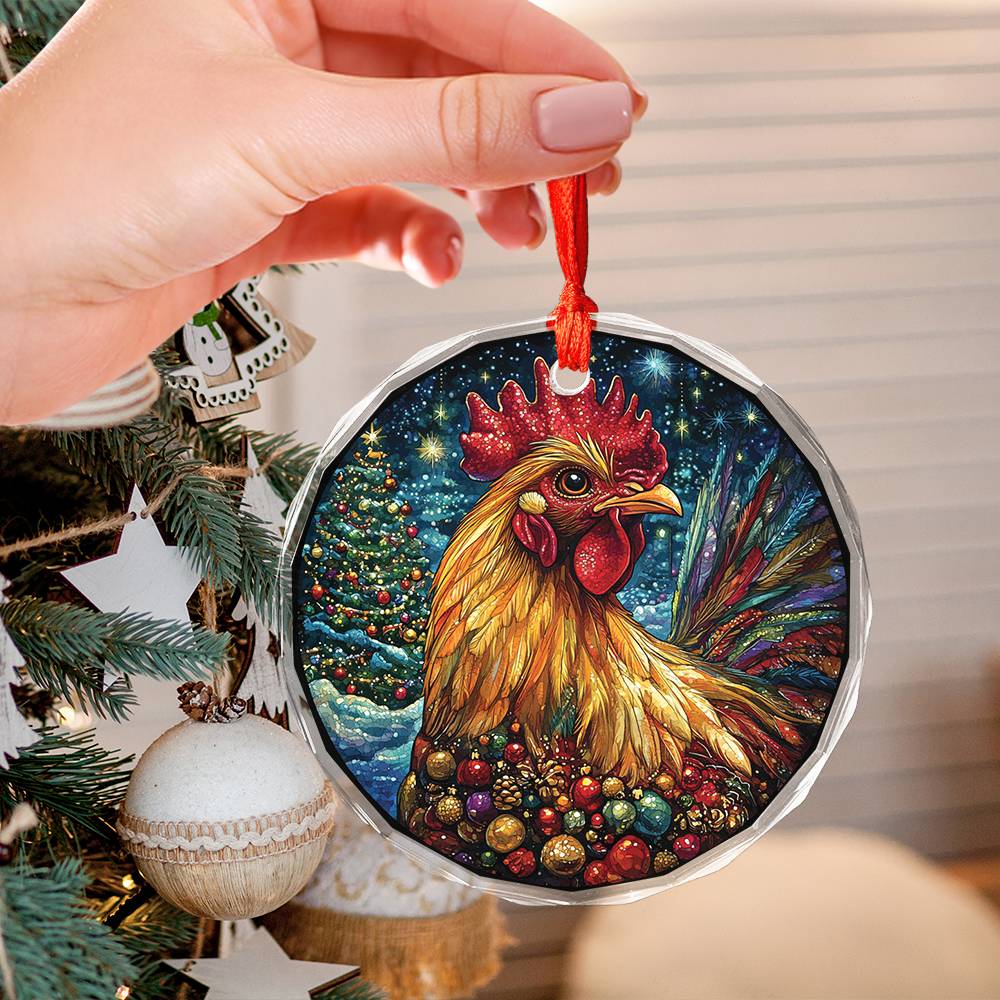 Beautiful Rooster Christmas Night Design 1 Glass Ornament