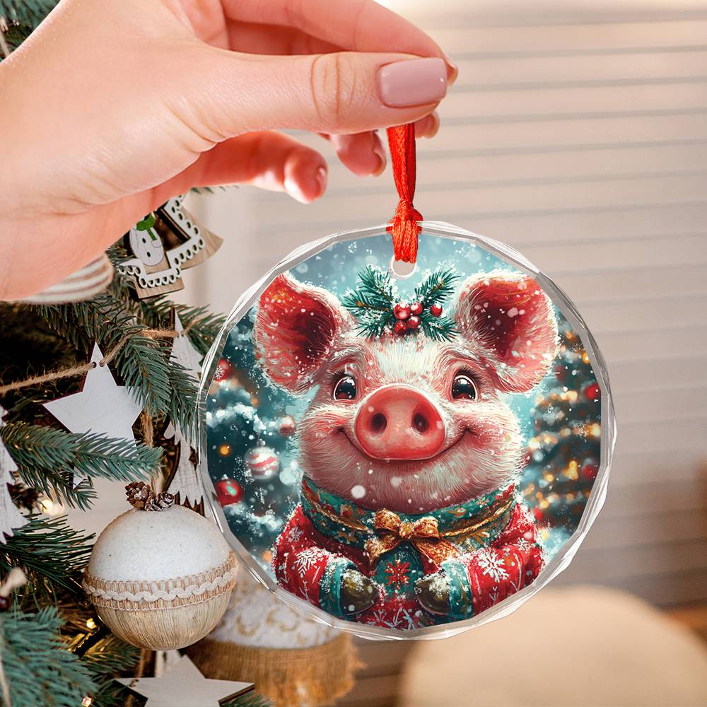 Beautiful Pig Christmas Night Design 4 Glass Ornament