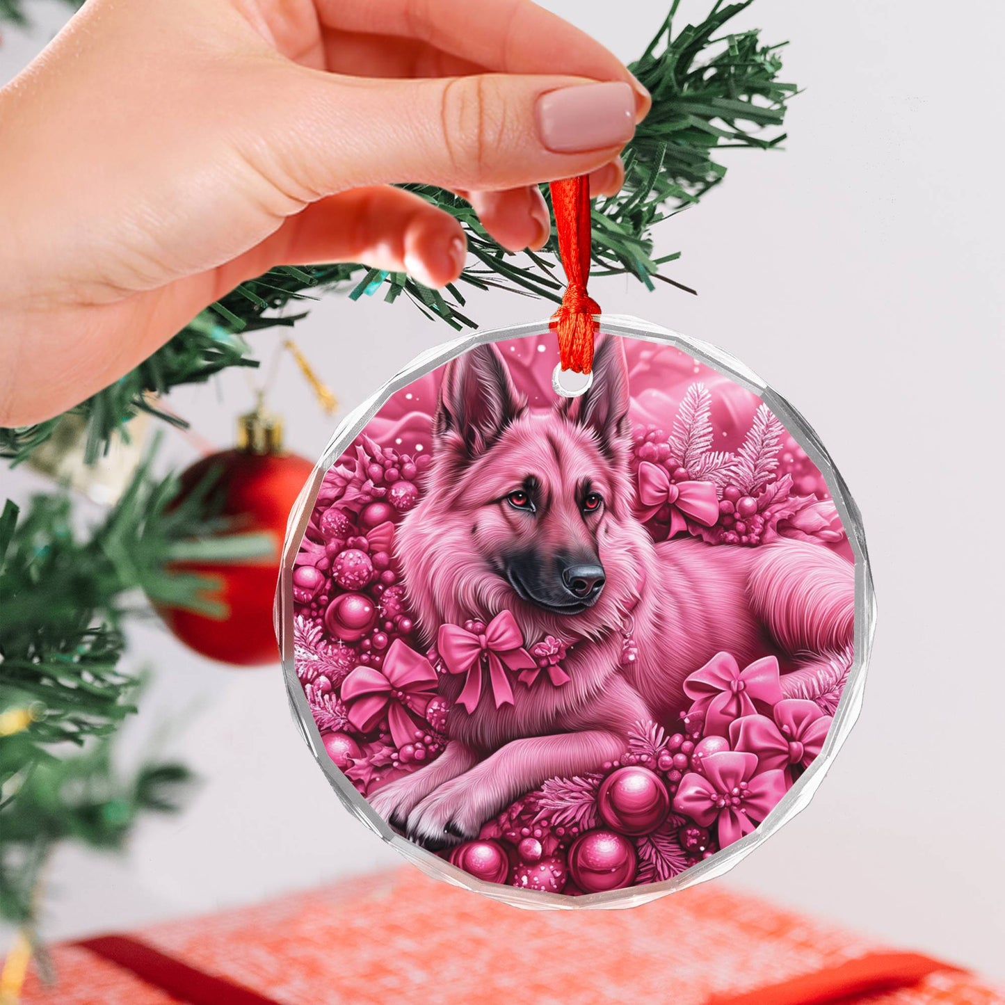 German Shepherd Dog Pink Christmas Design 1 Glass Ornament