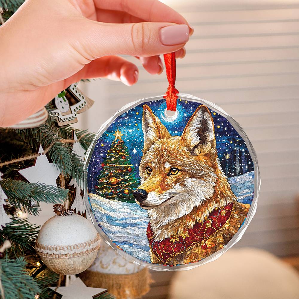 Beautiful Angus Coyote Christmas Night Design 2 Glass Ornament