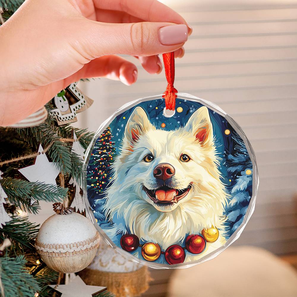 Beautiful Samoyed Dog Christmas Night Design 1 Glass Ornament