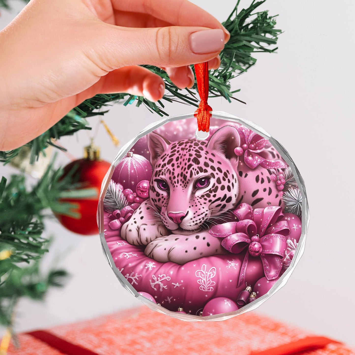 Jaguar Pink Christmas Design 3 Glass Ornament