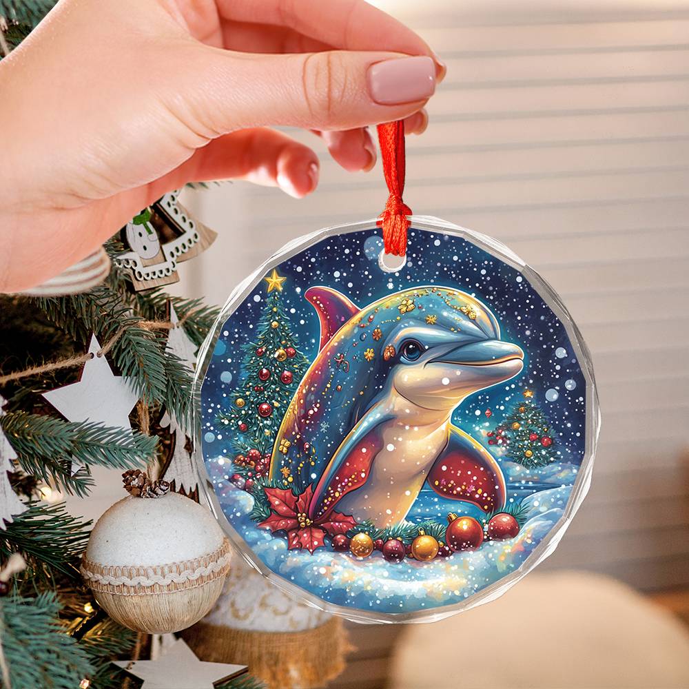 Beautiful Angus Dolphin Christmas Night Design 2 Glass Ornament
