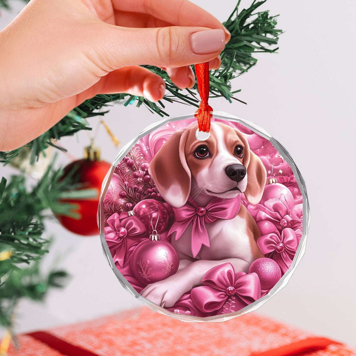 Beagle Dog Pink Christmas Design 1 Glass Ornament