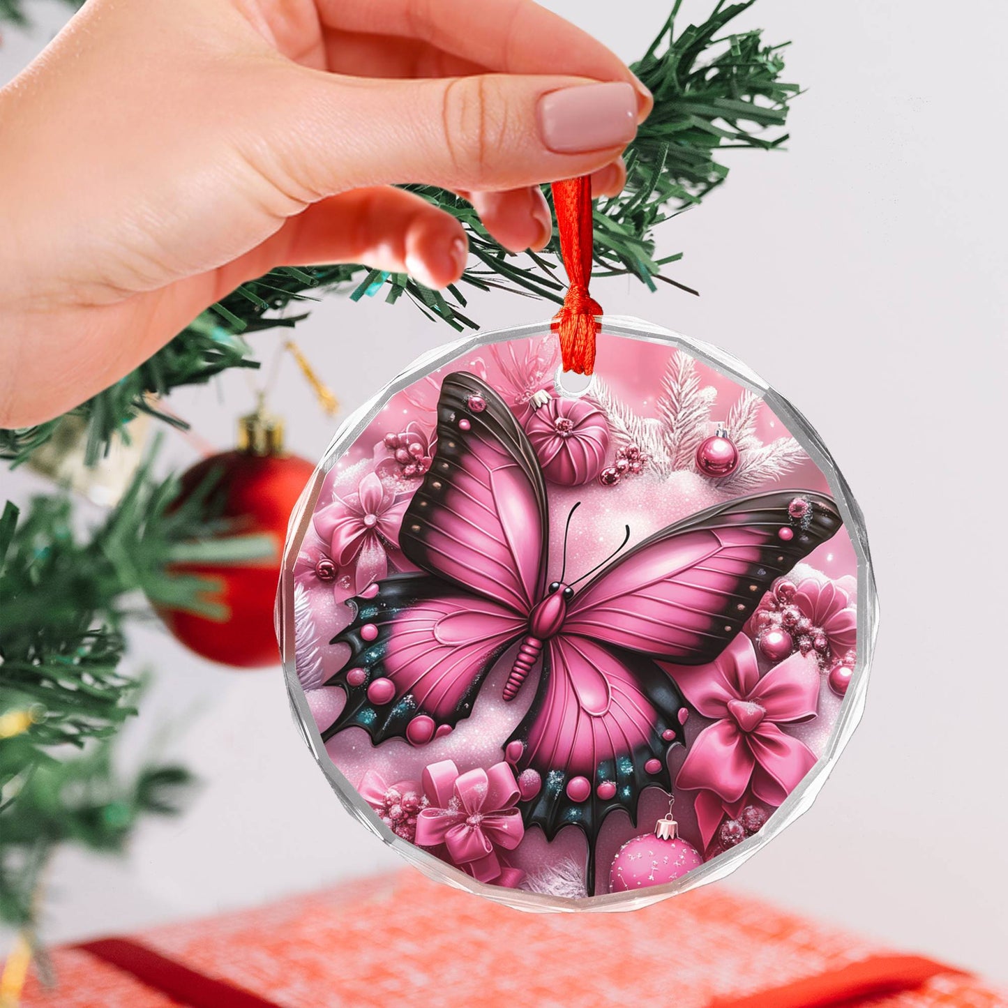 Butterfly Pink Christmas Design 3 Glass Ornament