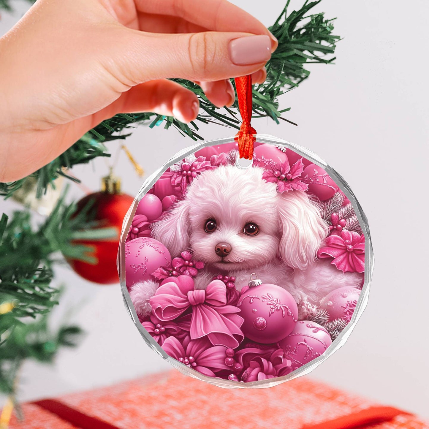 Bichon Frise Dog Pink Christmas Design 1 Glass Ornament
