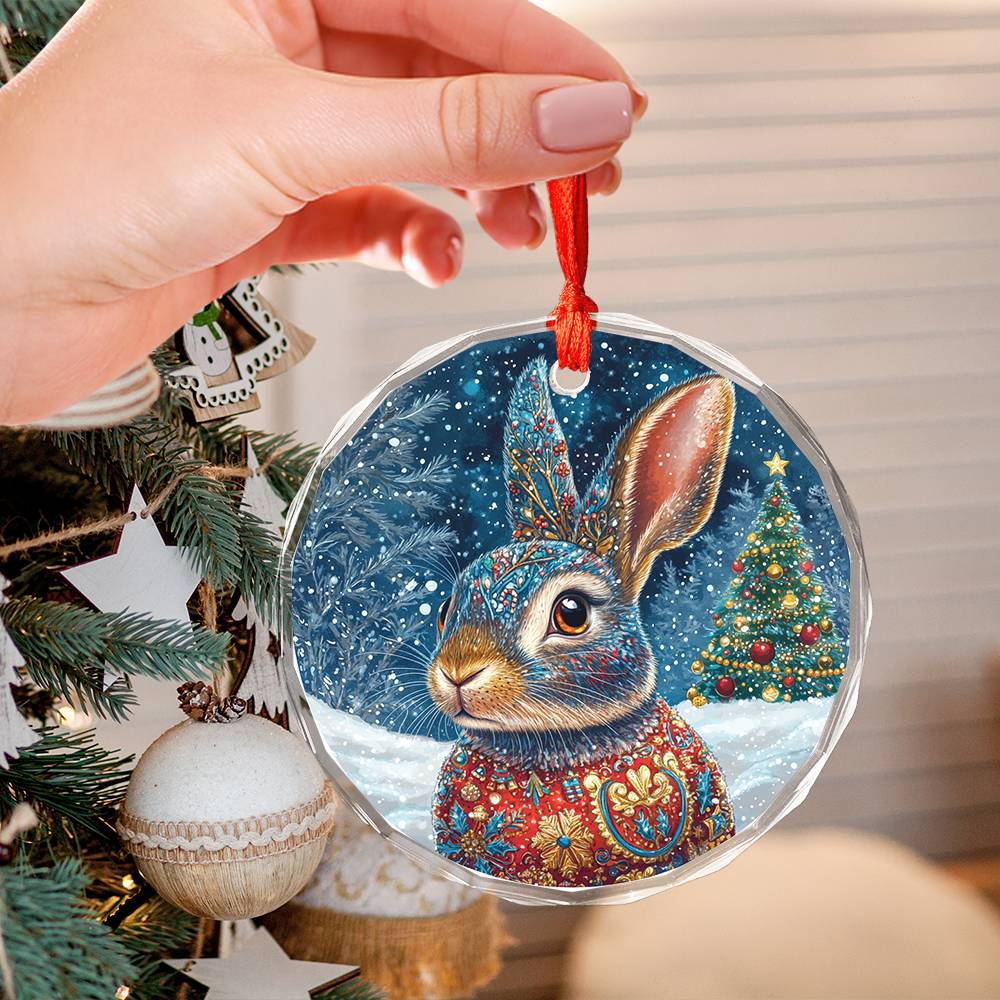 Beautiful Rabbit Christmas Night Design 2 Glass Ornament