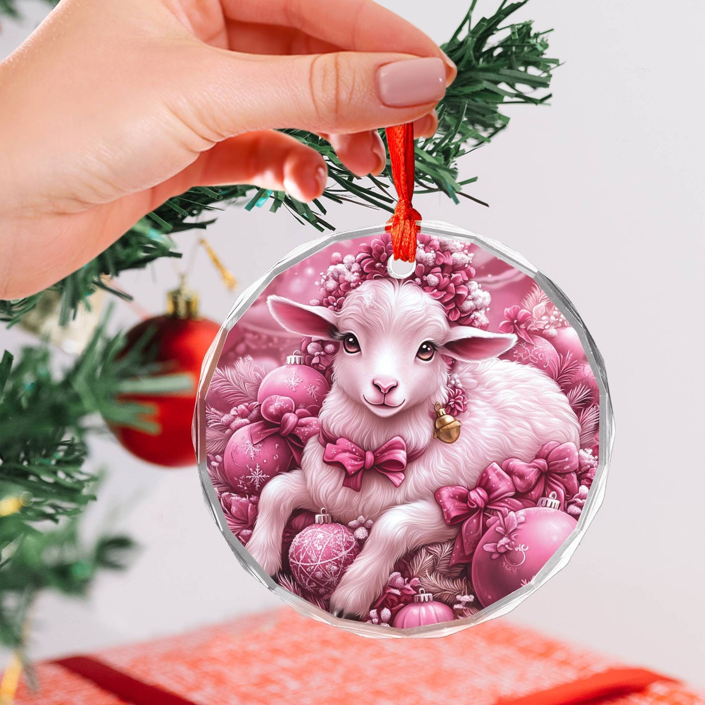 Sheep Pink Christmas Design 1 Glass Ornament