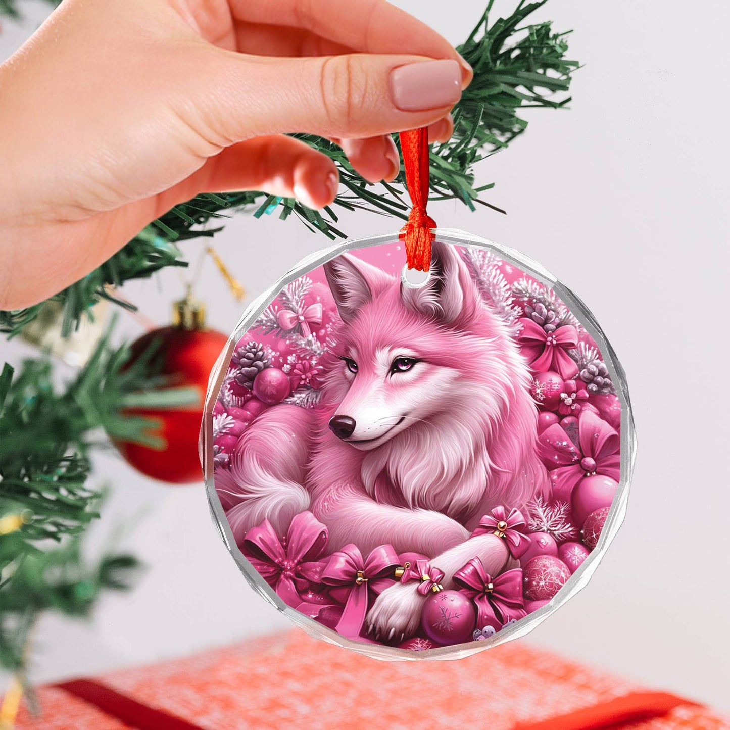 Wolf Pink Christmas Design 2 Glass Ornament