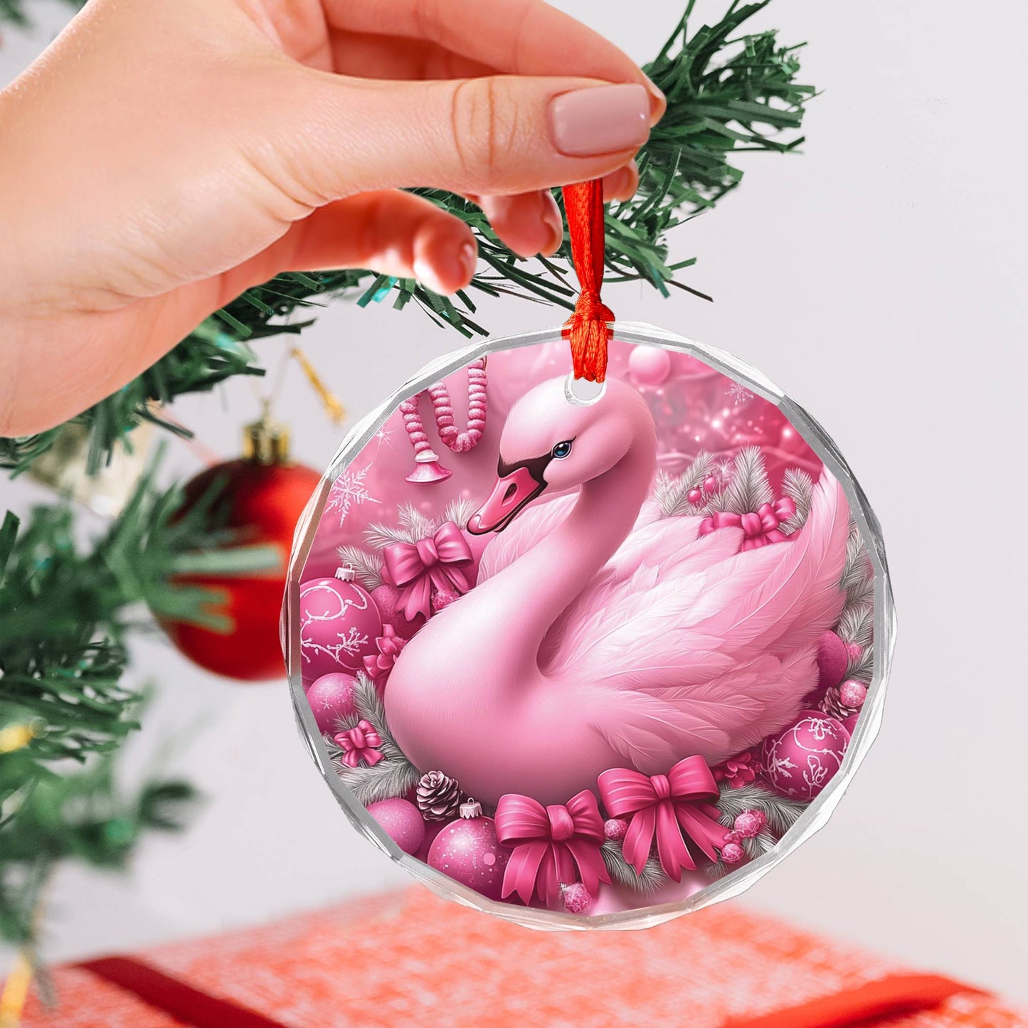 Swan Pink Christmas Design 3 Glass Ornament