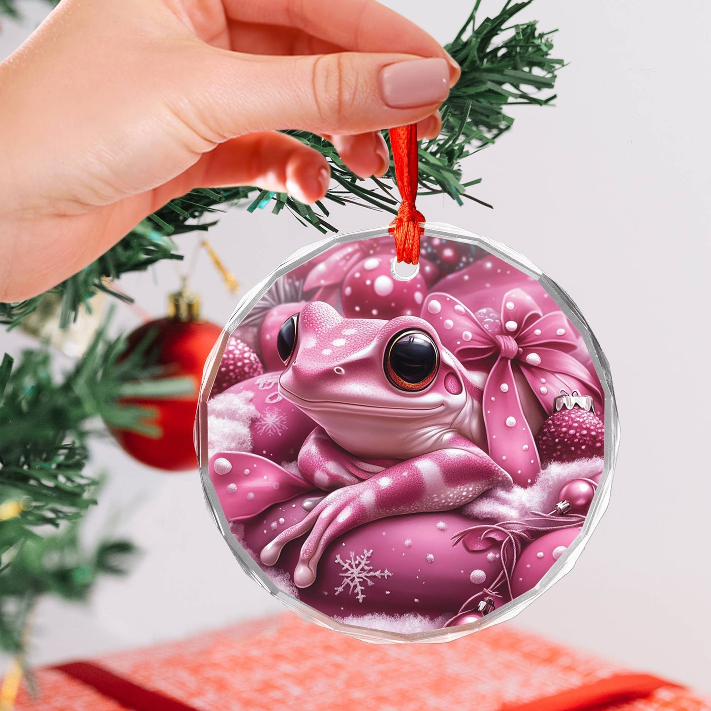 Frog Pink Christmas Design 1 Glass Ornament