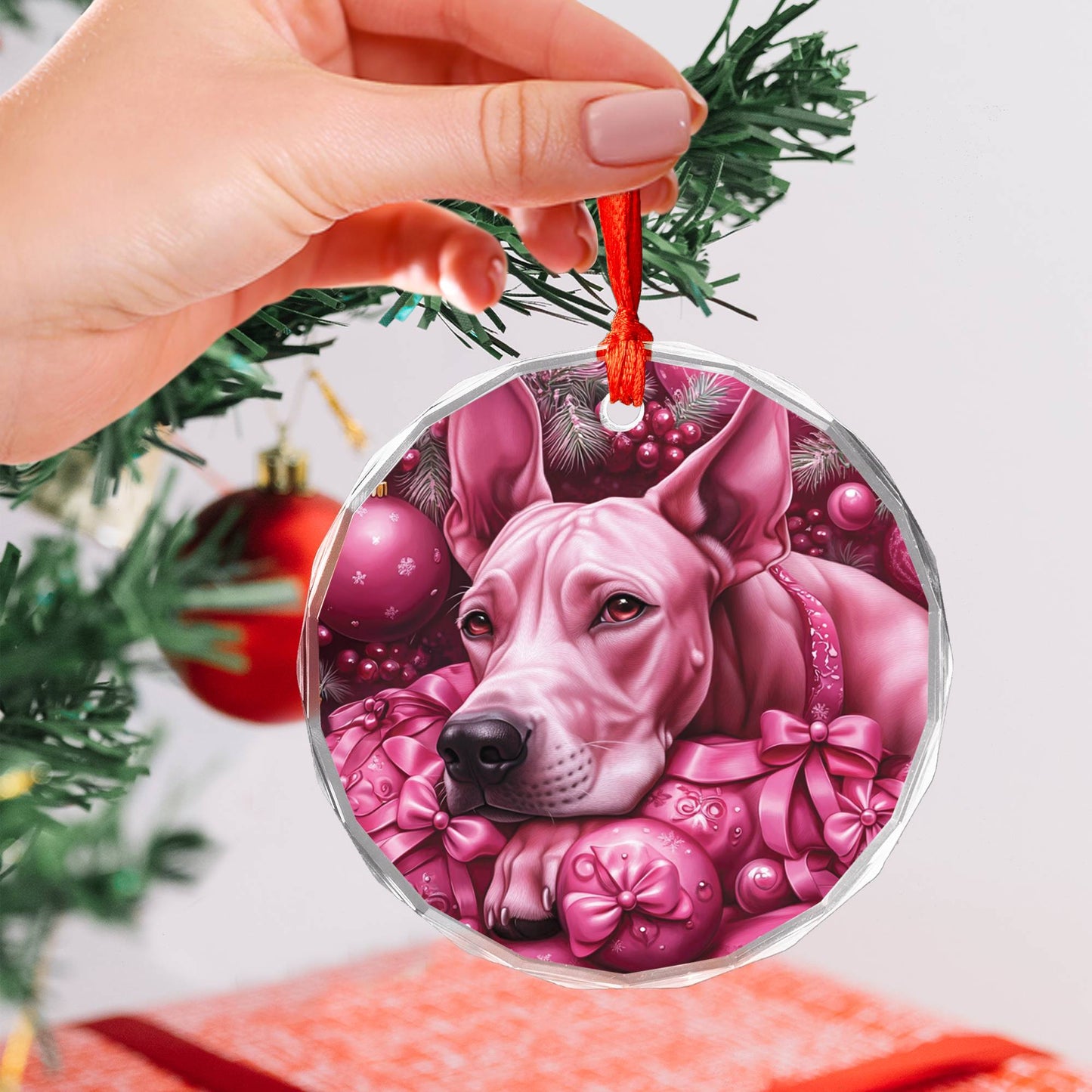 Great Dane Dog Pink Christmas Design 1 Glass Ornament