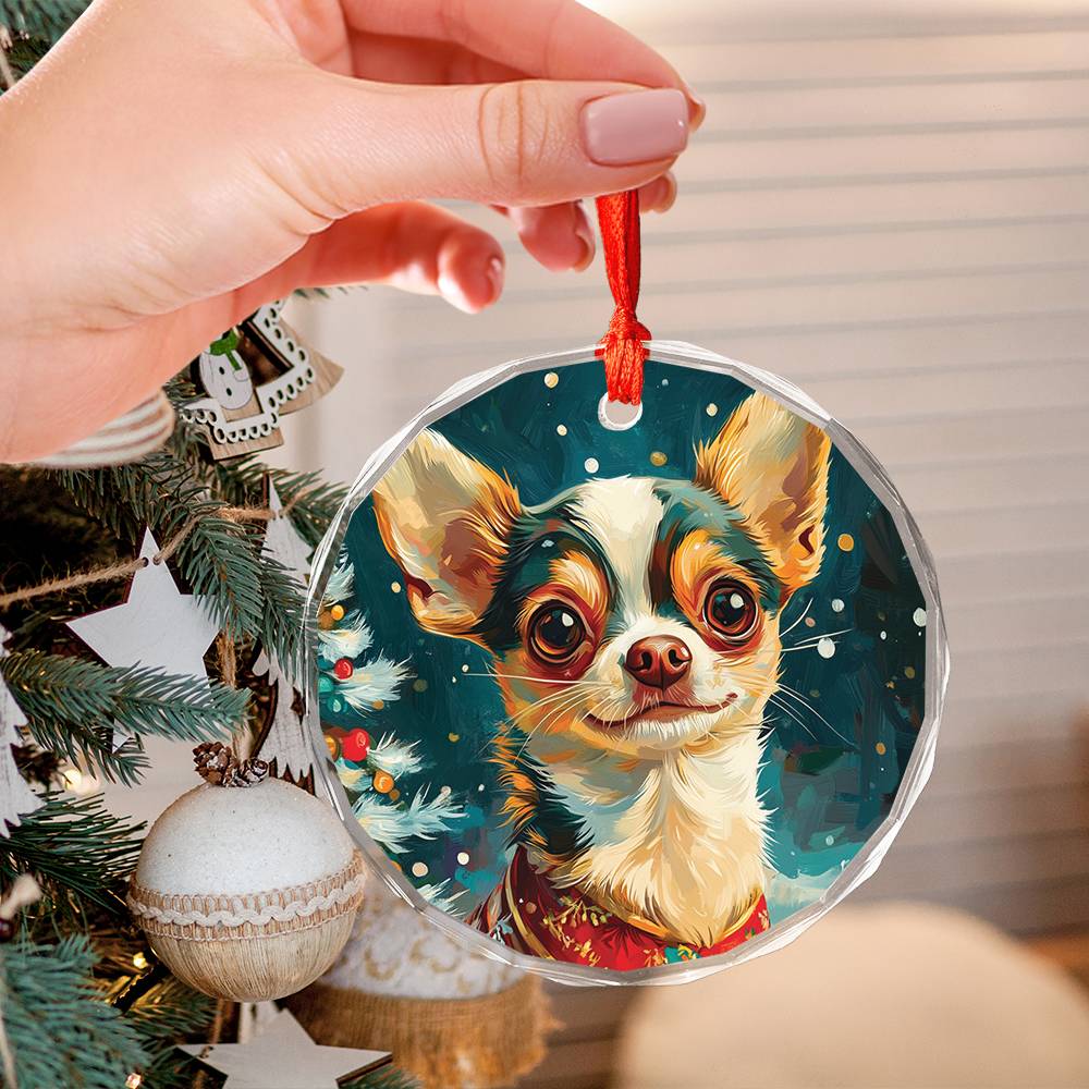 Beautiful Chihuahua Dog Christmas Night Design 1 Glass Ornament