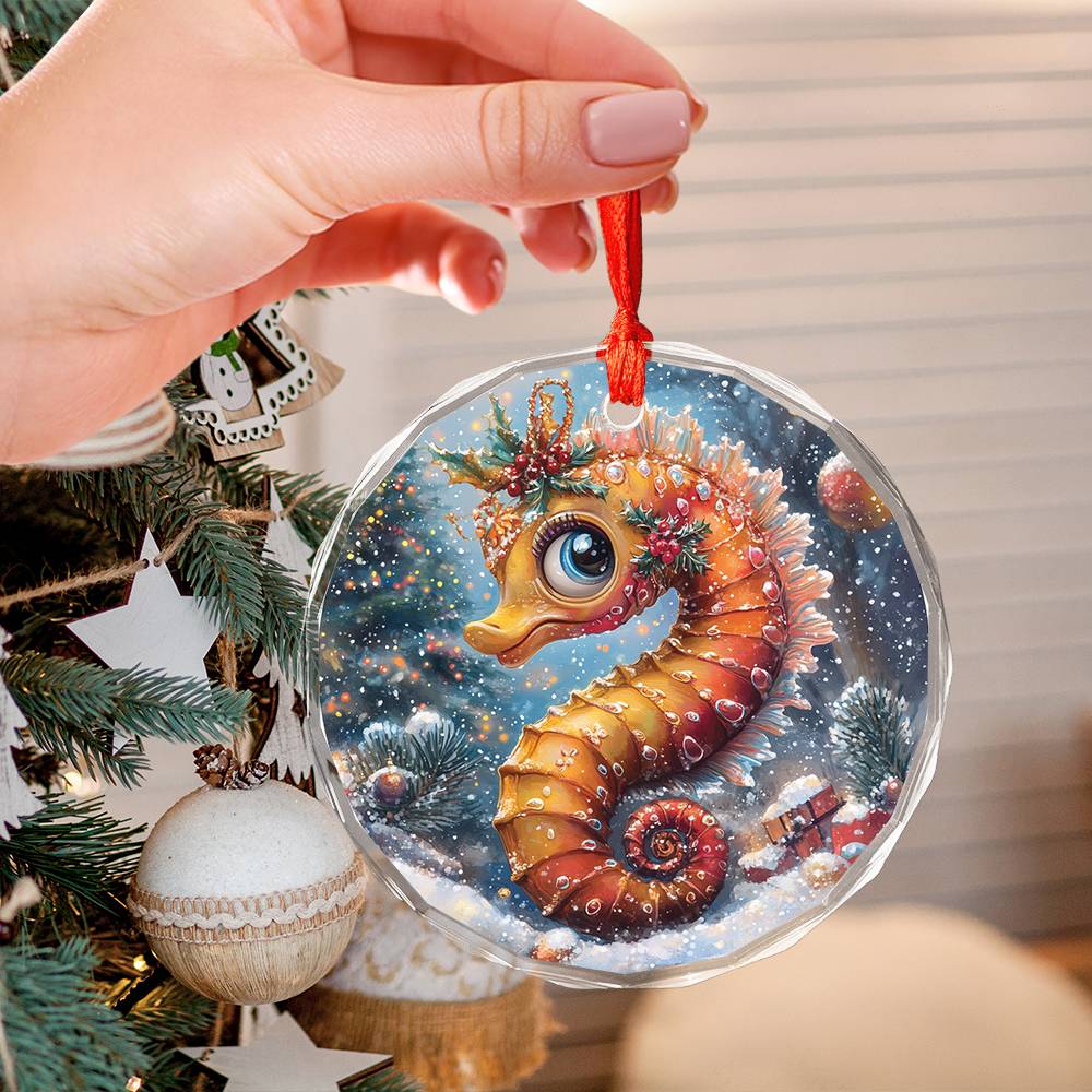 Beautiful Angus Seahorse Christmas Night Design 2 Glass Ornament