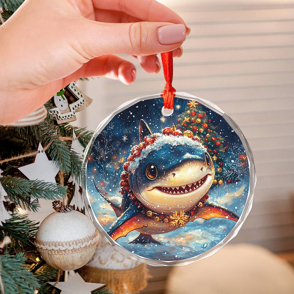 Beautiful Angus Shark Christmas Night Design 3 Glass Ornament