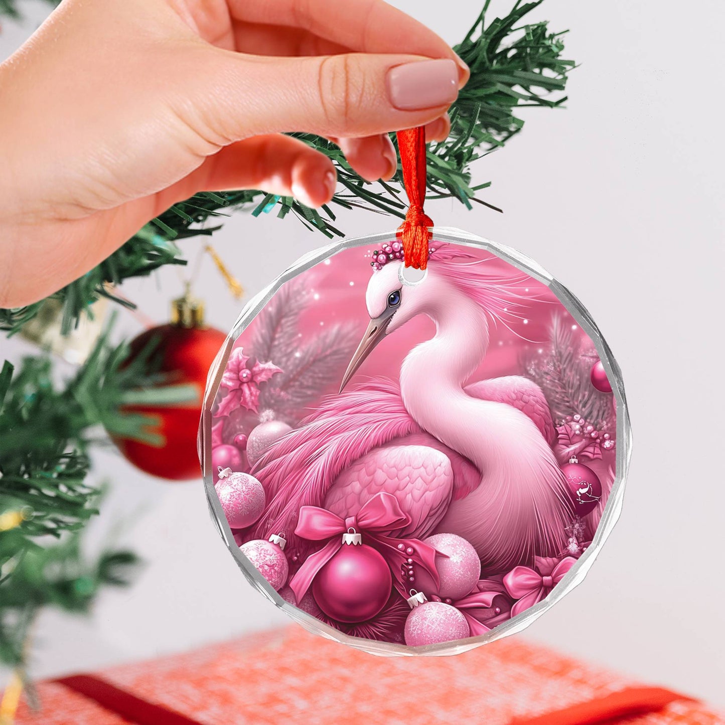 Heron Pink Christmas Design 4 Glass Ornament