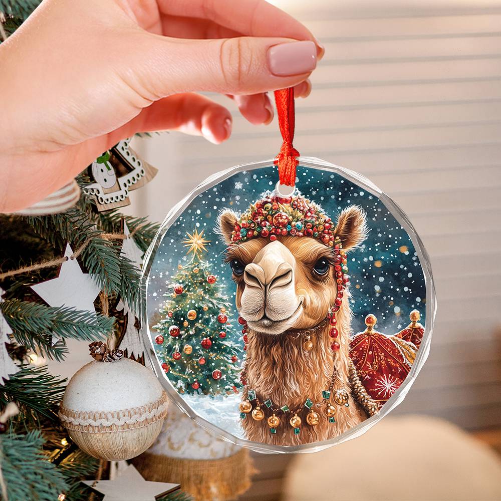 Beautiful Camel Christmas Night Design 3 Glass Ornament