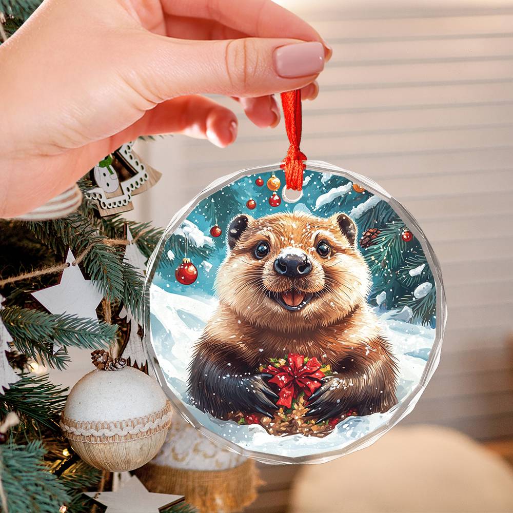 Beautiful Angus Beaver Christmas Night Design 2 Glass Ornament