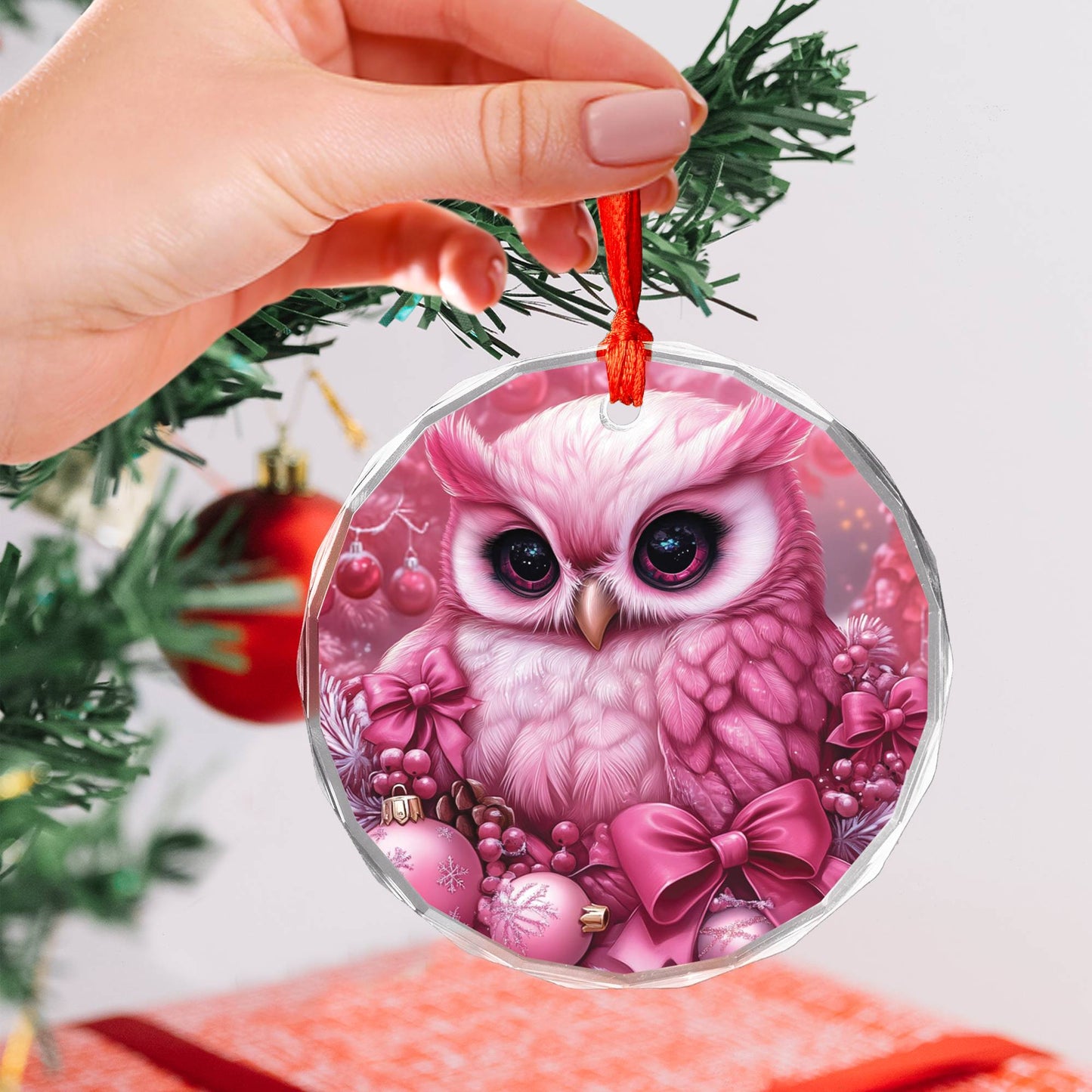 Owl Pink Christmas Design 4 Glass Ornament
