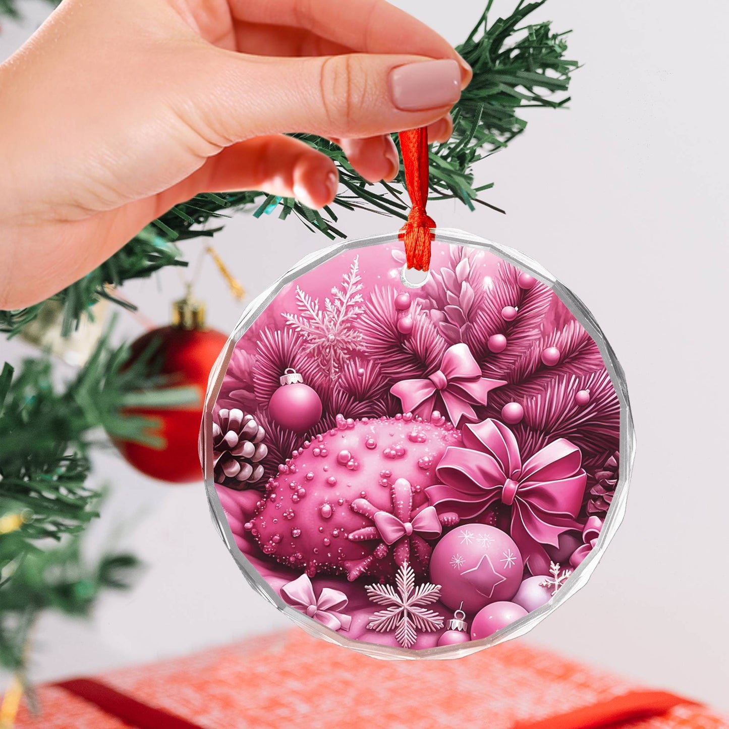 Coral Pink Christmas Design 2 Glass Ornament