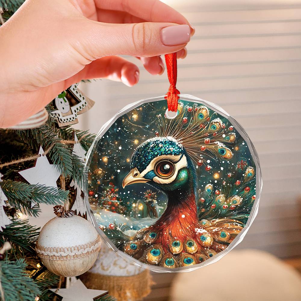 Beautiful Peacock Christmas Night Design 3 Glass Ornament
