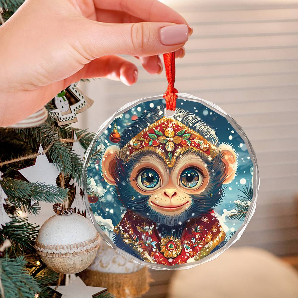 Beautiful Angus Monkey Christmas Night Design 2 Glass Ornament