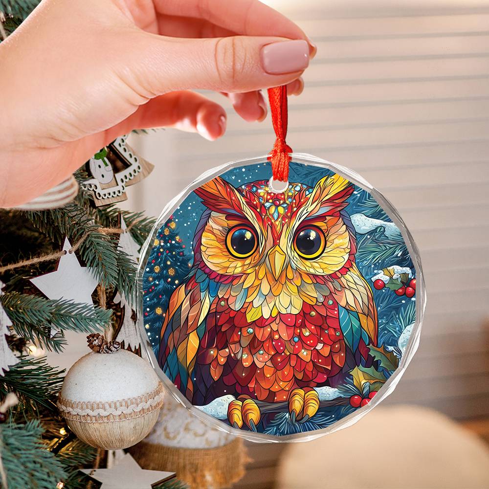 Beautiful Owl Christmas Night Design 2 Glass Ornament