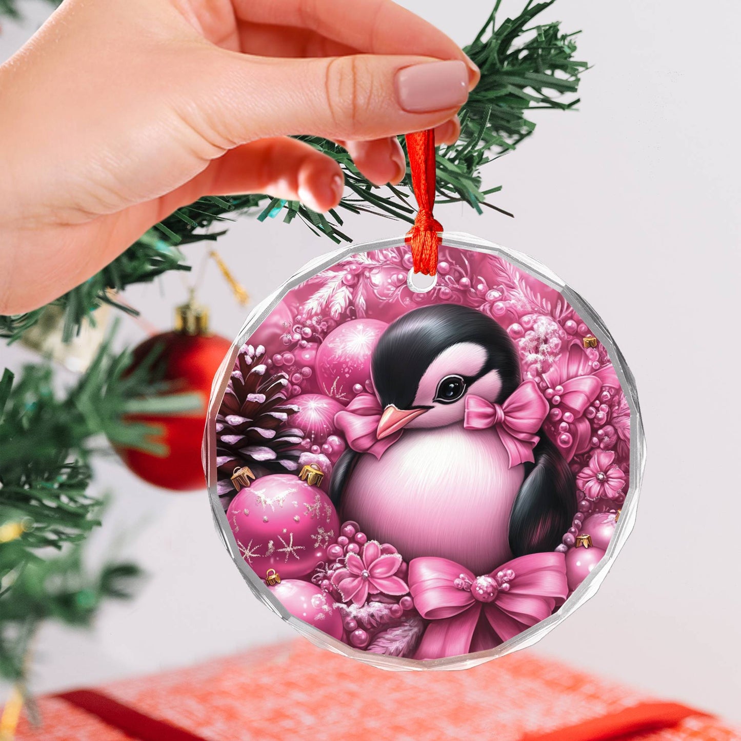 Penguin Pink Christmas Design 2 Glass Ornament