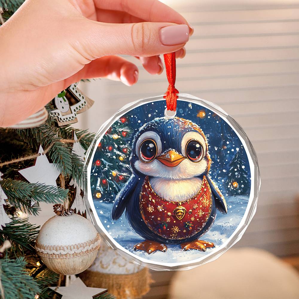 Beautiful Angus Penguin Christmas Night Design 3 Glass Ornament