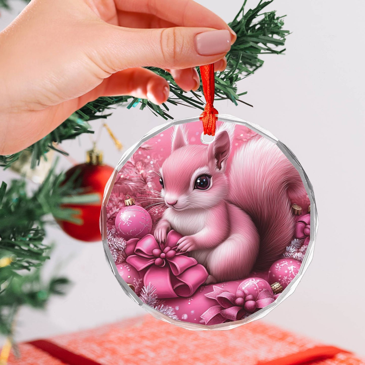 Squirrel Pink Christmas Design 2 Glass Ornament