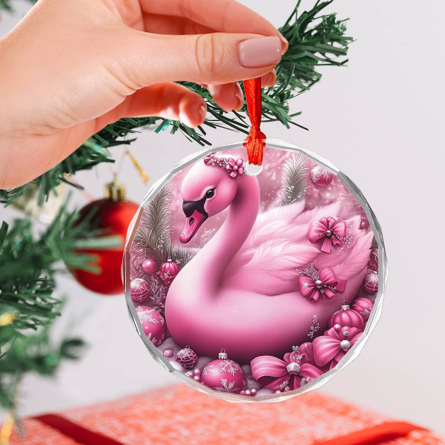 Swan Pink Christmas Design 2 Glass Ornament