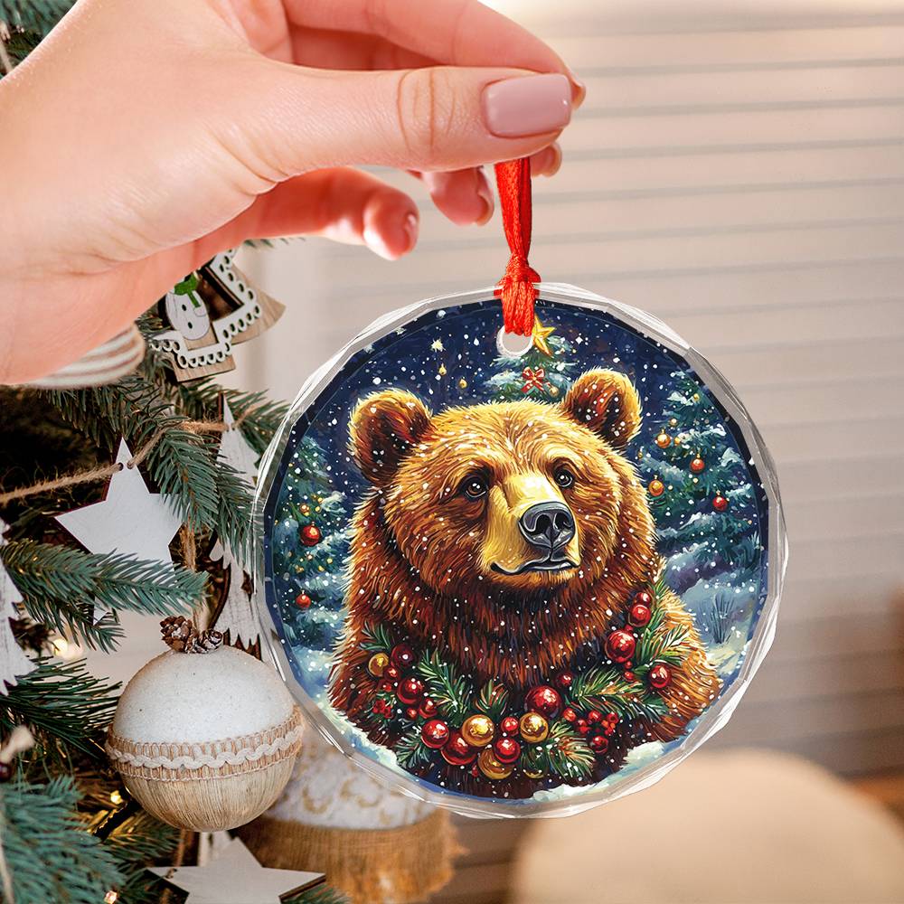 Beautiful Angus Grizzly Bear Christmas Night Design 3 Glass Ornament