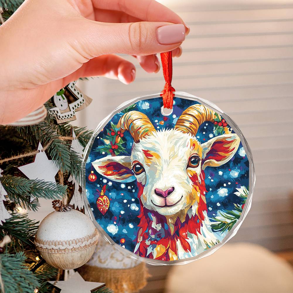 Beautiful Goat Christmas Night Design 1 Glass Ornament